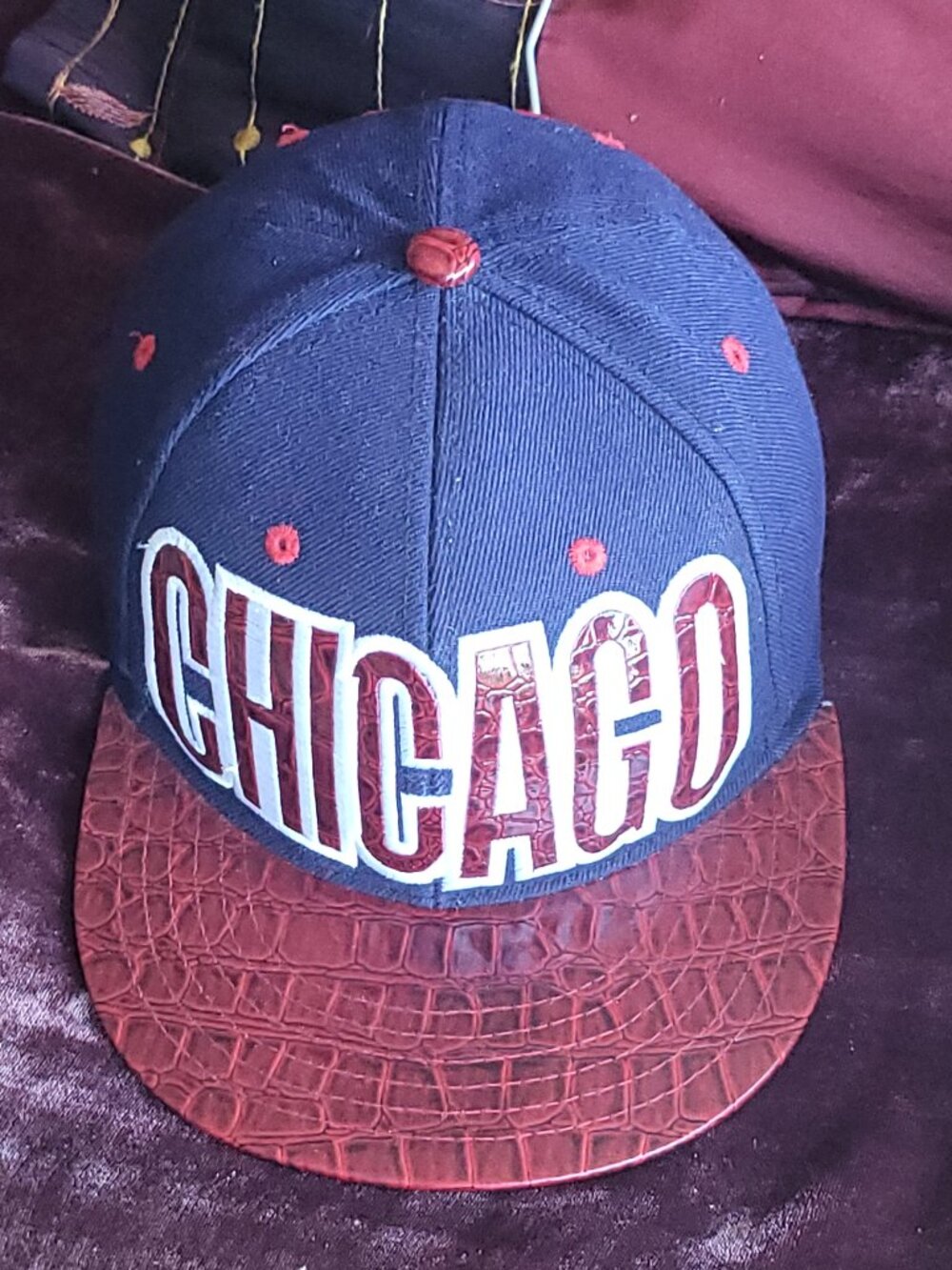 Chicago Blue and Red Crocodile Embossed Leather Snapback Cap w/Genuine Leather